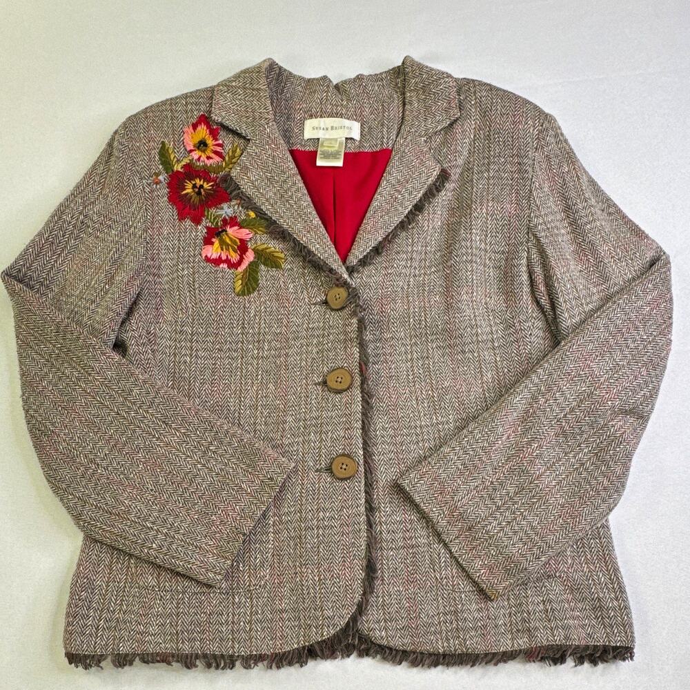 Susan Bristol Women’s Large 100% Silk Herringbone Blazer Embroidered Floral